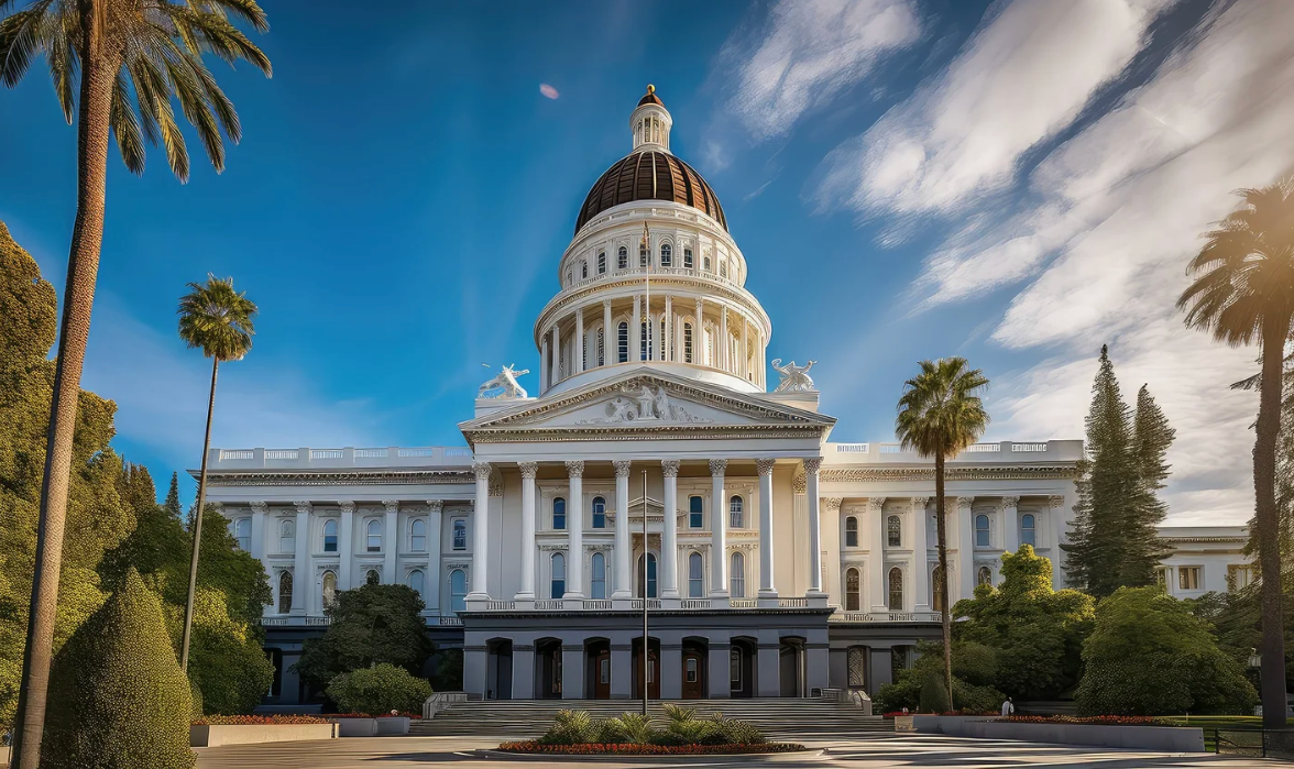 A state capitol building under a clear sky.